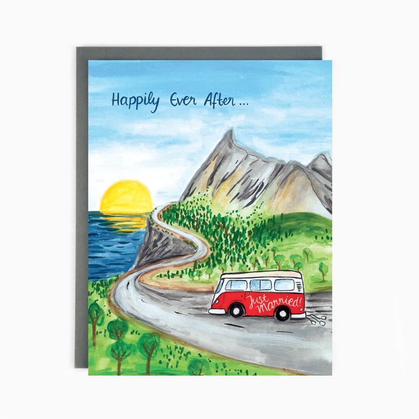 Just Married Card with Red van and sunset